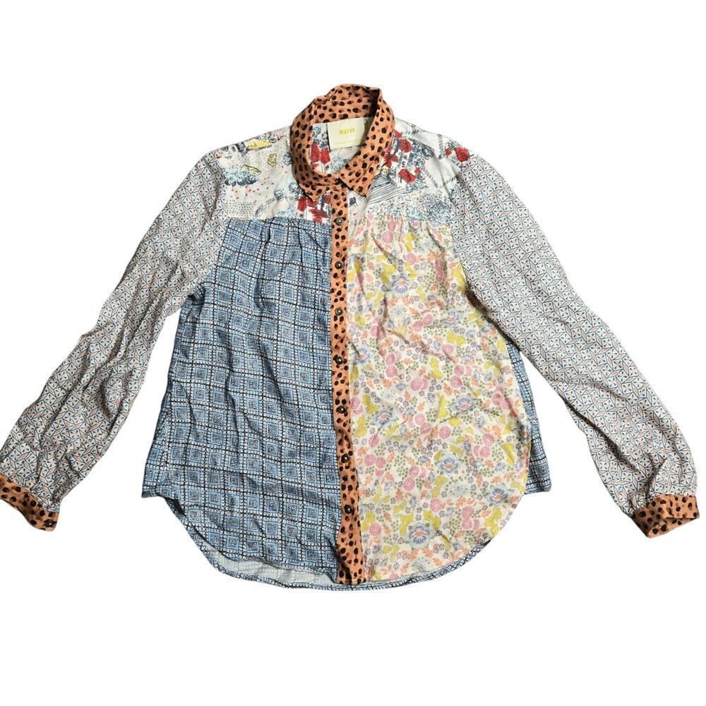 Anthropologie Maeve Bernadette‎ Mixed Print Floral Leaopard Shirt Size XXSP